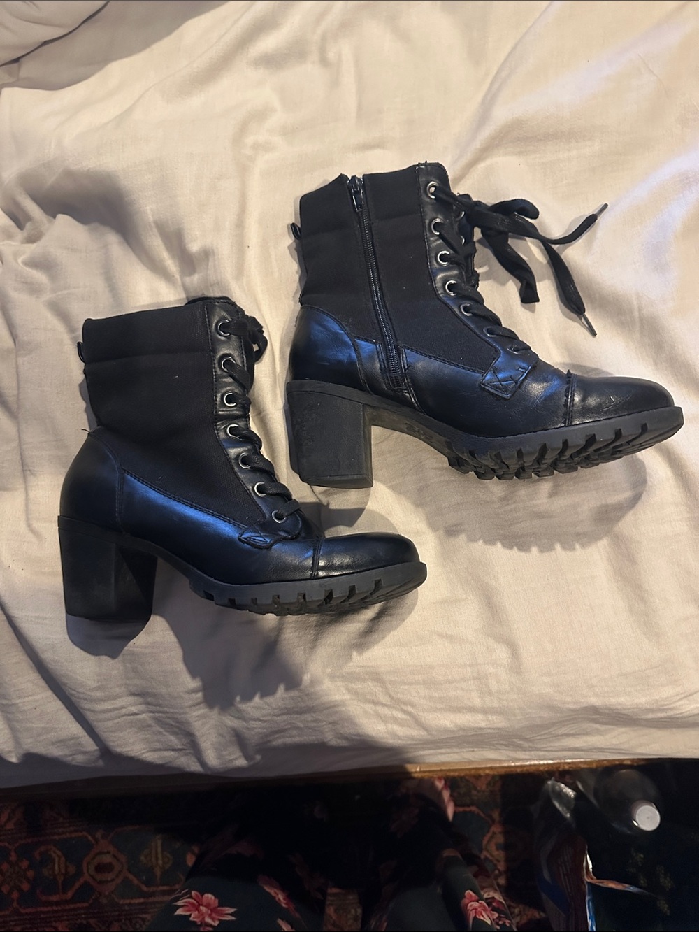 XOXO Black Lace-Up Block Heel Ankle Boots
